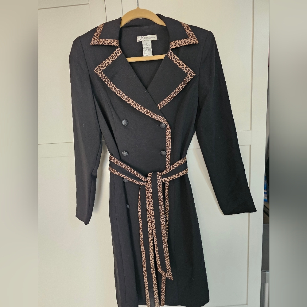 Vtg Dressbarn Black Coat Dress Size 6 Leopard Cheetah Trim Double Breasted EUC